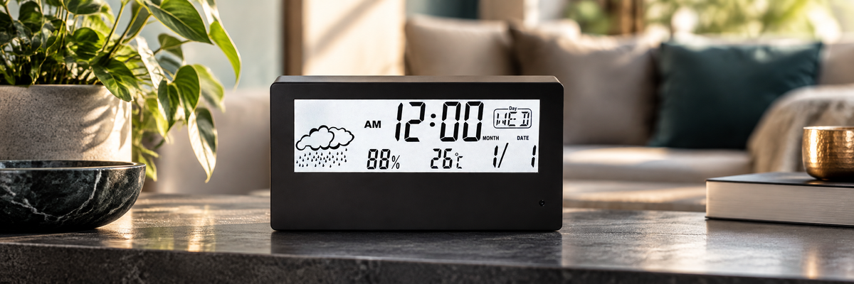 Alarm clock camera on a living room shelf