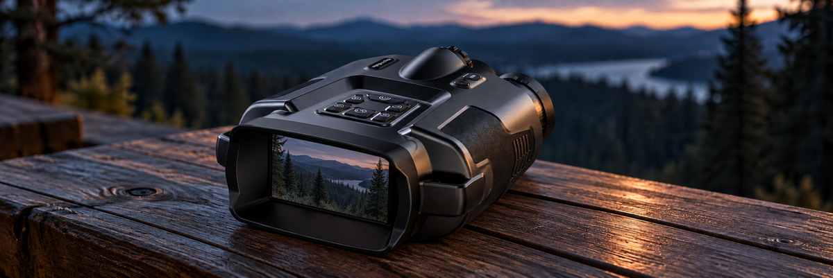 Digital night vision binoculars on an observation deck