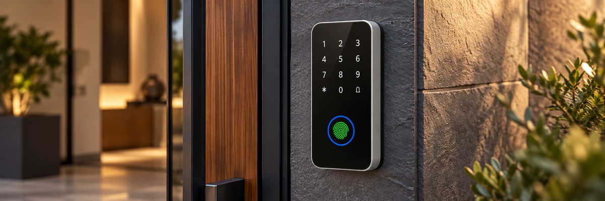 Bluetooth access control keypad beside an entrance