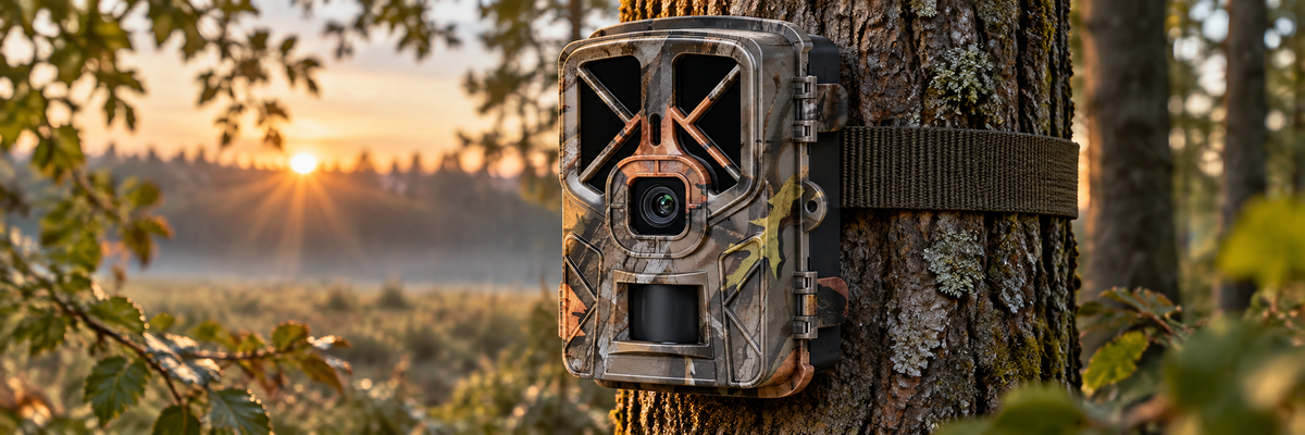 Camouflaged trail camera mounted on a tree