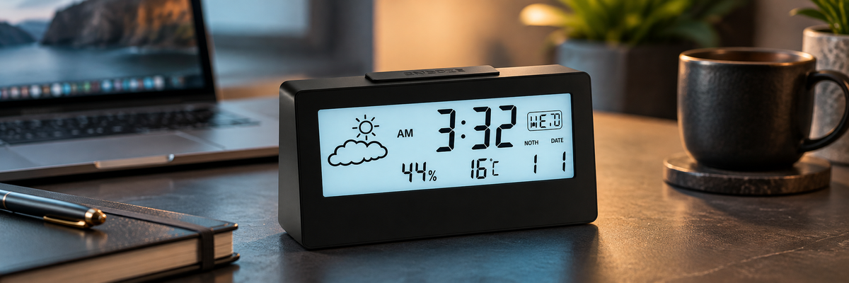 Wi-Fi alarm clock camera on a home office desk