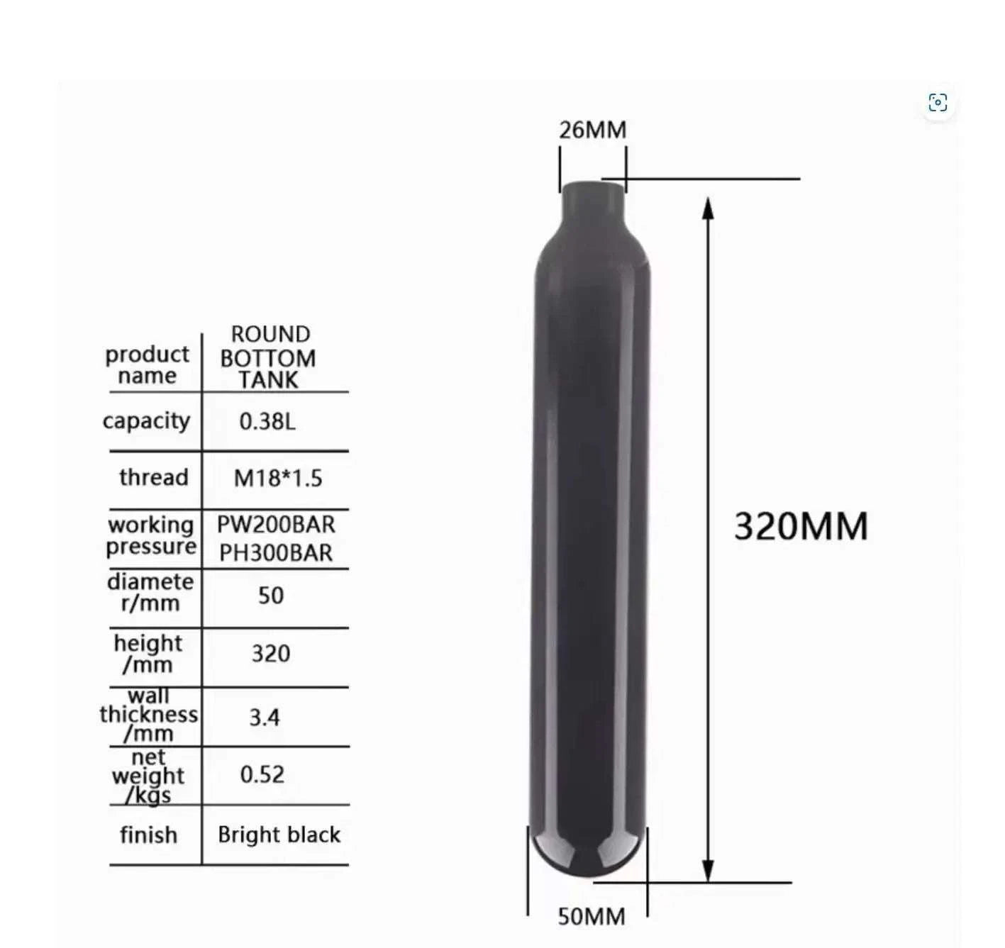 0.38L Aluminum Diving Tank Bottle 20MPa M18 Thread 4500 PSI-Bright -2200Psi