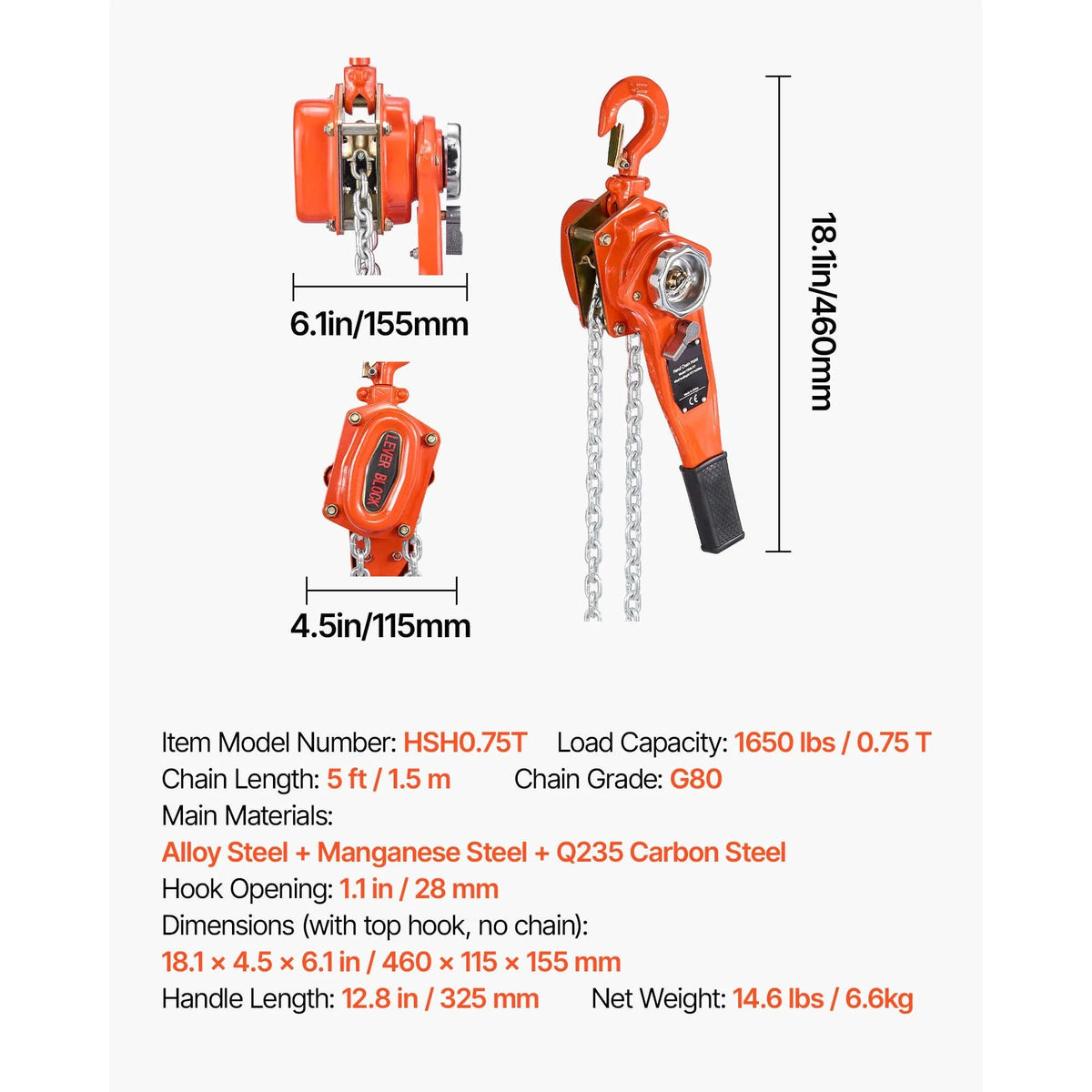 0.75T Manual Lever Chain Hoist with Dual Pawl and 360° Rotating Hooks-0.75T 5ft / CZECH REPUBLIC