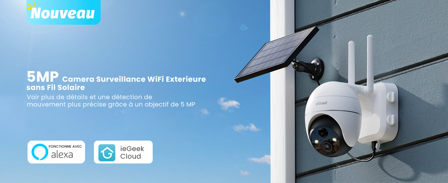 ieGeek 5MP Wireless Outdoor WiFi Surveillance Camera, Solar Camera, 360 Degree Camera, Human PIR Detection, Colour Night Vision