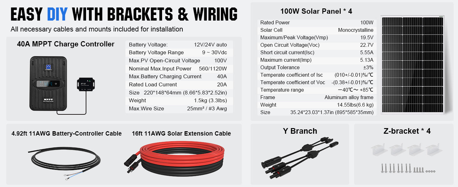400W 12V Solar Panel Kit for Off-Grid Home, RV & Boat