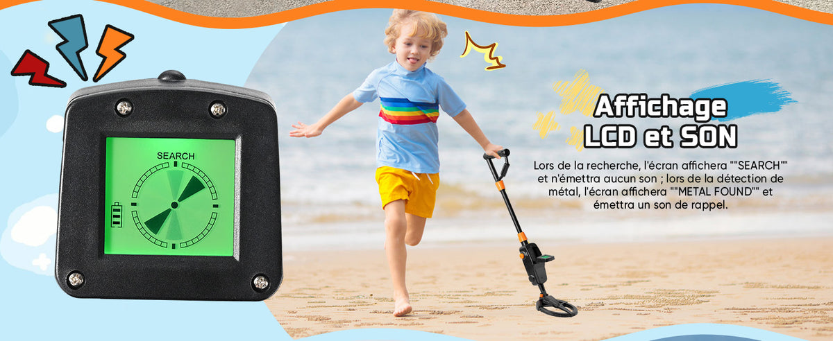 Détecteur de Métal Léger pour Enfants avec Écran LCD et Son, Détecteur de Métaux pour Enfants, Batterie IP68 enrouleur