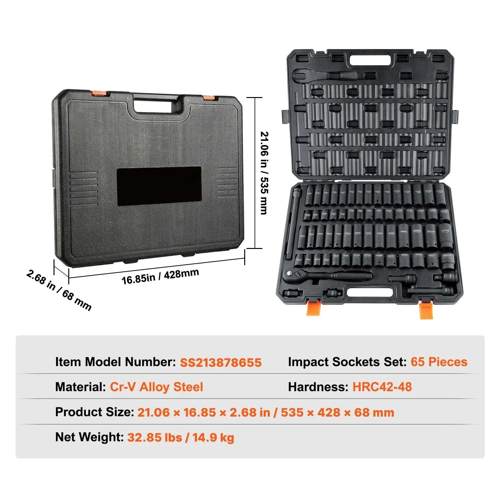 1/2" Drive 65-Piece Impact Socket Set Cr-V Steel Auto Repair Kit-Cr V65 / United States