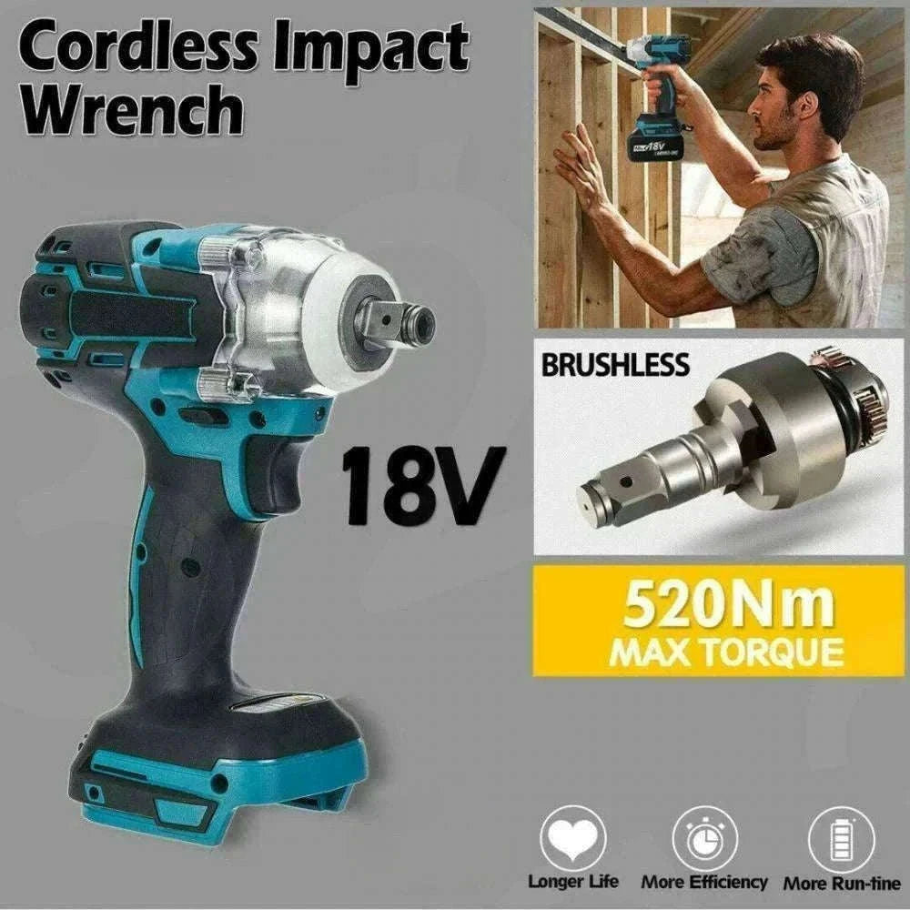 1/2 Inch 520Nm Brushless Cordless Impact Wrench with Toolbox Set-2 Batteries Set / Germany