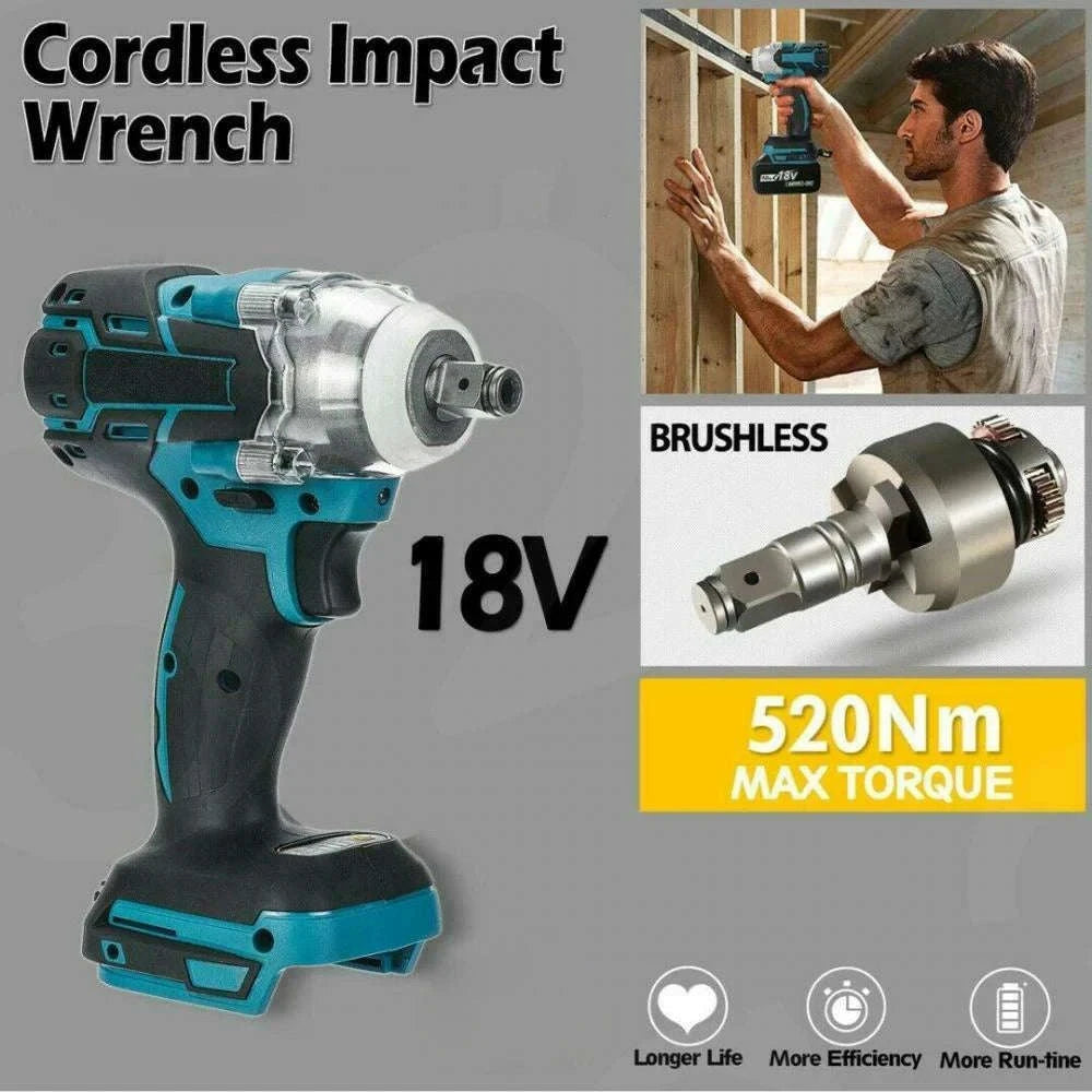 1/2 Inch 520Nm Brushless Cordless Impact Wrench with Toolbox Set-2 Batteries Set / Germany