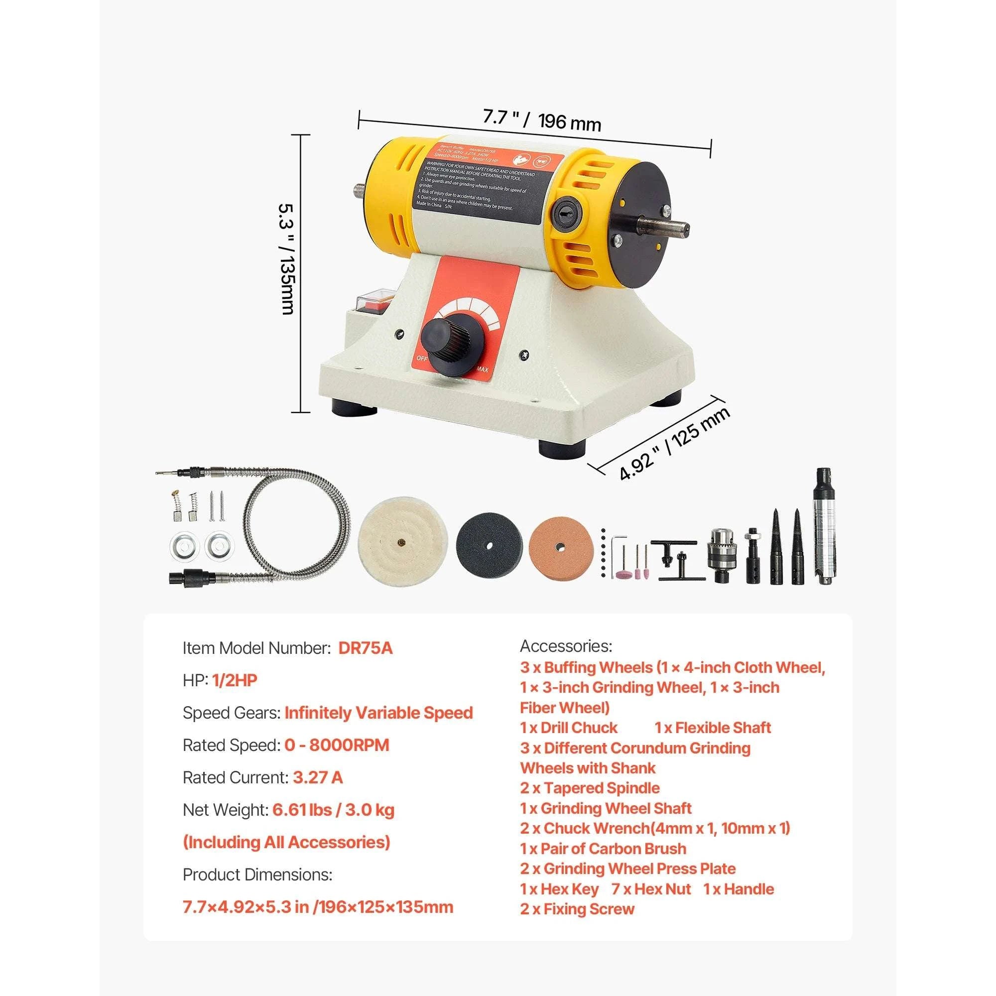 1/2HP Bench Buffer Polisher with Variable Speed 0–8000RPM Kit-4inch 110V / United States