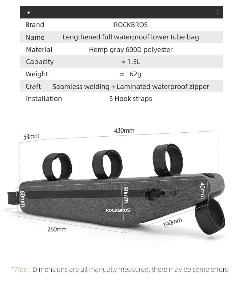 1.5L Waterproof Bike Frame Bag with 43cm Length-AS-052