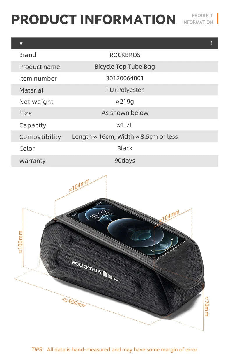 1.7L Waterproof Bike Frame Bag with Touchscreen-30120064001 / About 1.7L