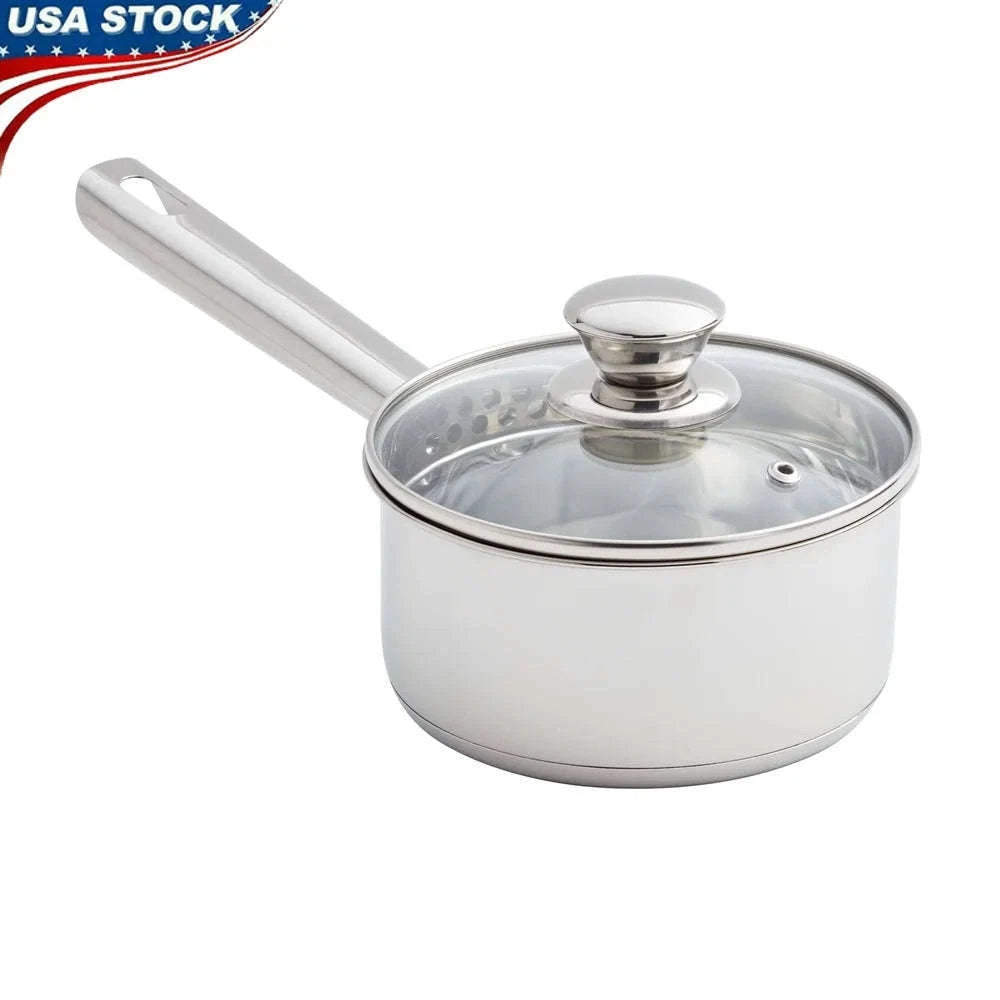 1 Qt Stainless Steel Saucepan with Straining Lid & Glass Cover-United States
