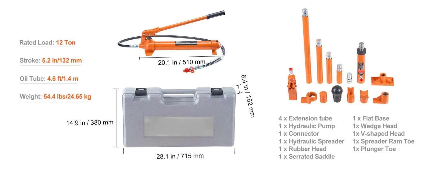 10/12 Ton Porta Power Hydraulic Jack Kit with 1.4m Hose-10T / United States