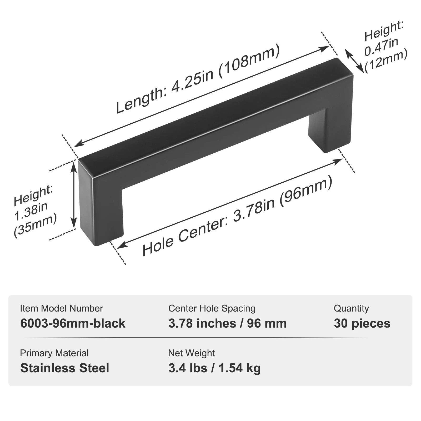 10/30 Pack Stainless Steel Cabinet Pulls Matte Black-10pcs 96mm Quadrate / United States