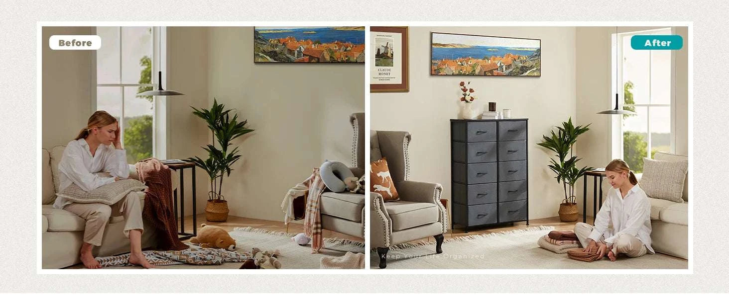 10 Drawer Fabric Dresser Nightstand with Steel Frame Storage-GRAY / United States