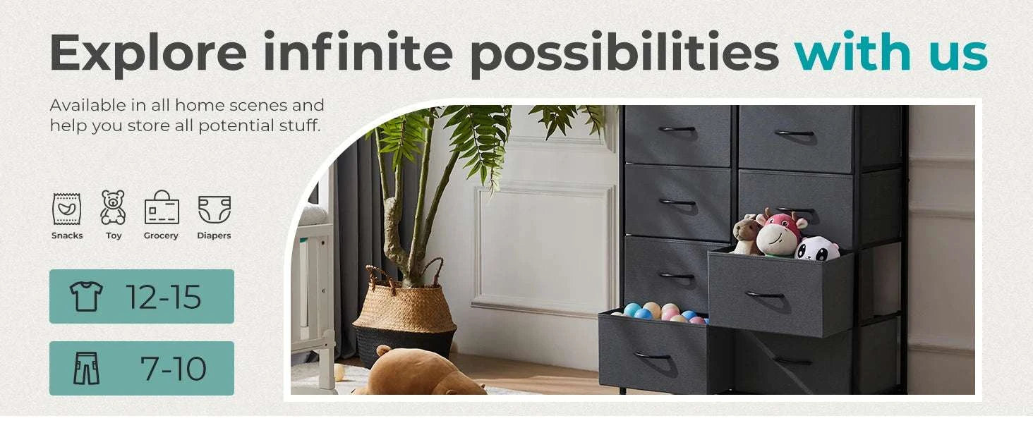 10 Drawer Fabric Dresser Nightstand with Steel Frame Storage-GRAY / United States