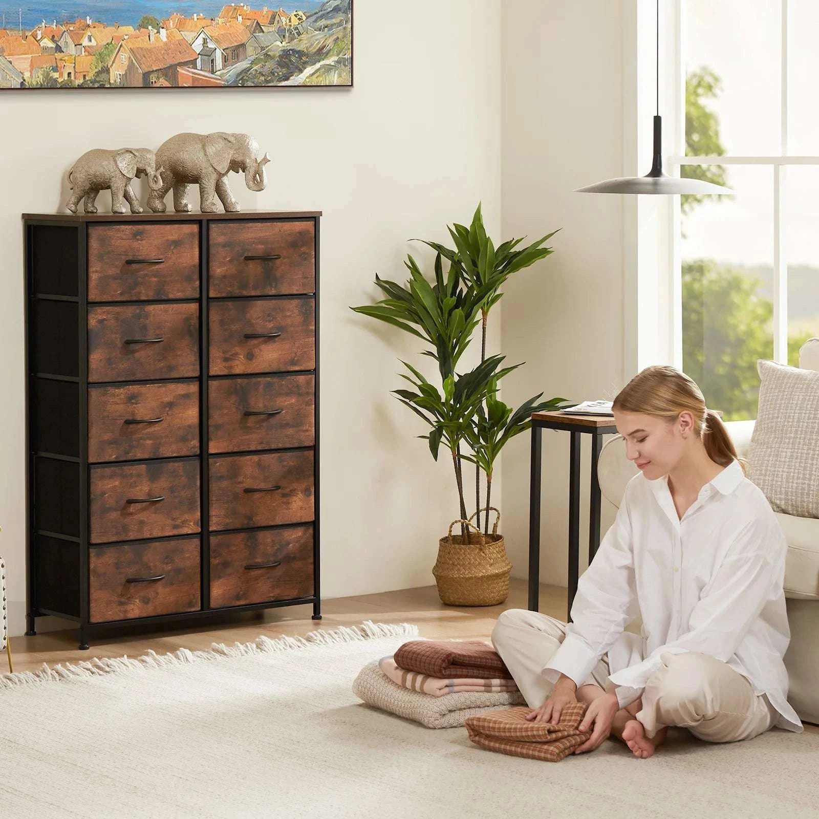 10-Drawer Fabric Dresser with Steel Frame Storage Organizer-Light Grey / United States