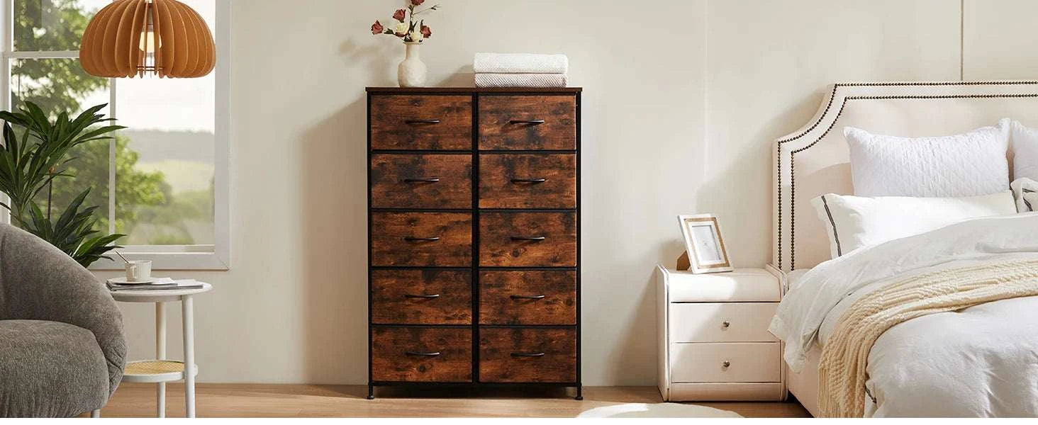 10-Drawer Fabric Dresser with Steel Frame Storage Organizer-Light Grey / United States