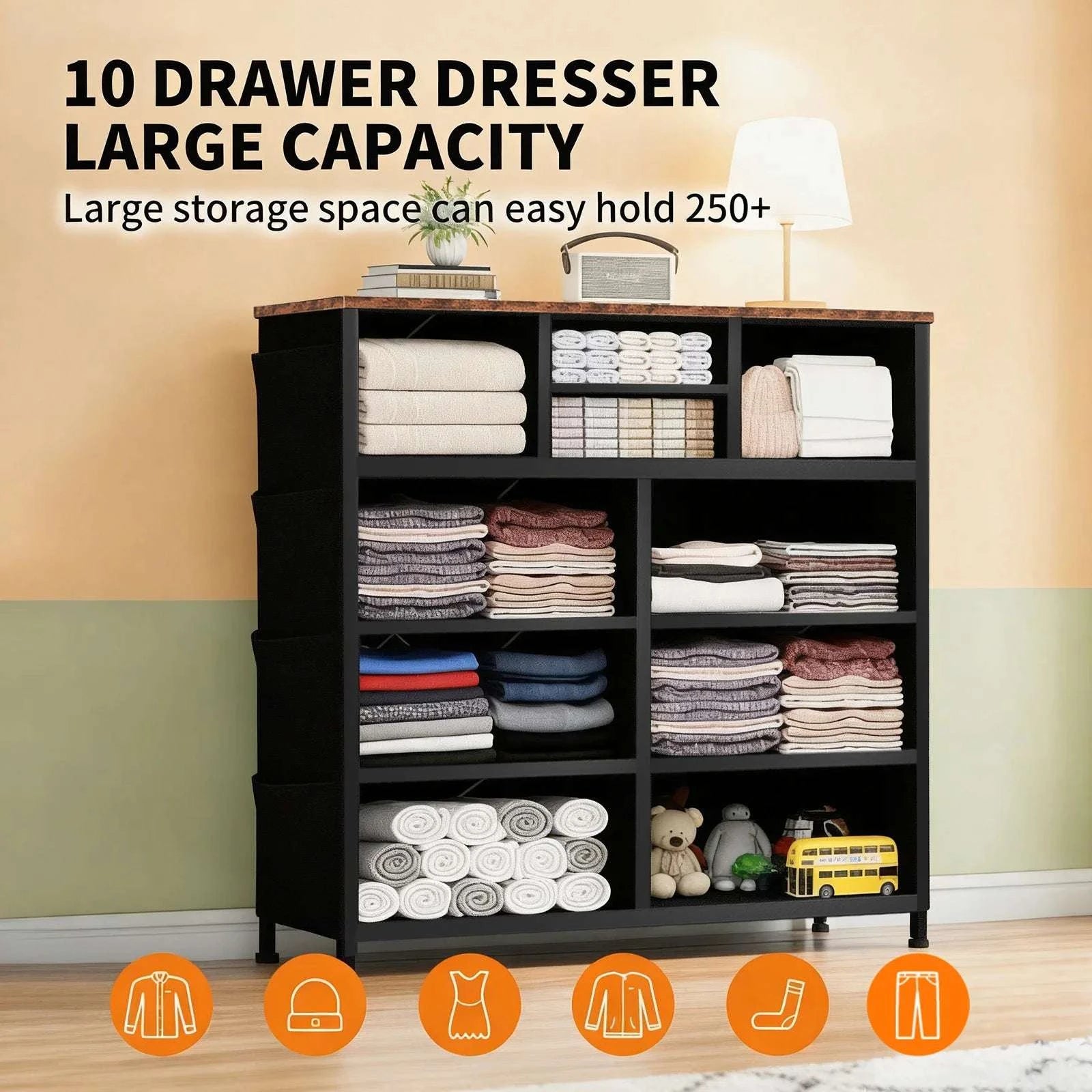 10-Drawer Fabric Storage Organizer Cabinet with Metal Frame-Rust / United States