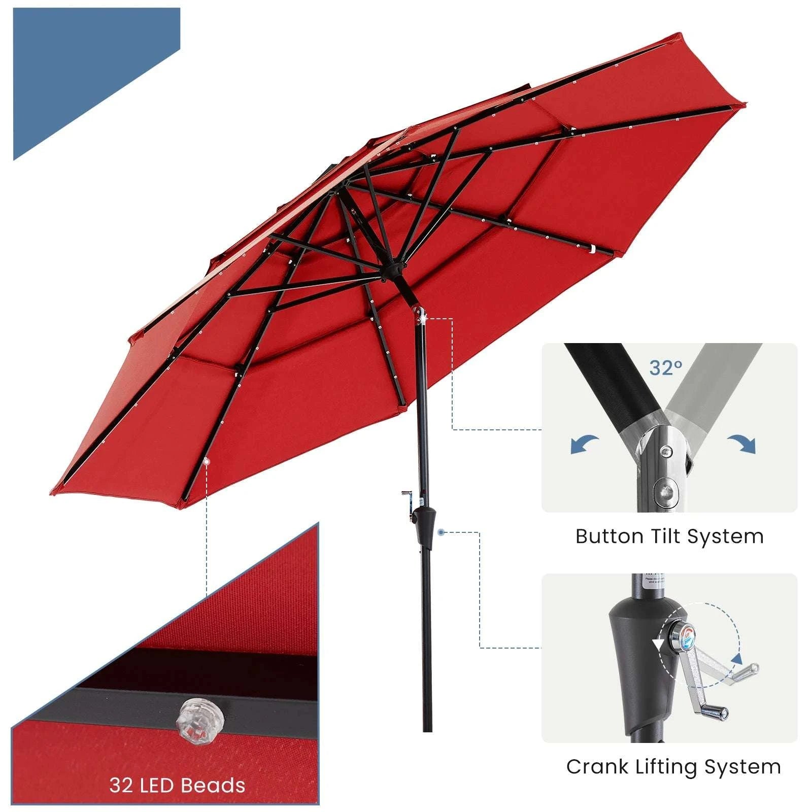 10 FT Solar LED Patio Umbrella with Tilt & Crank Shade-Red / United States