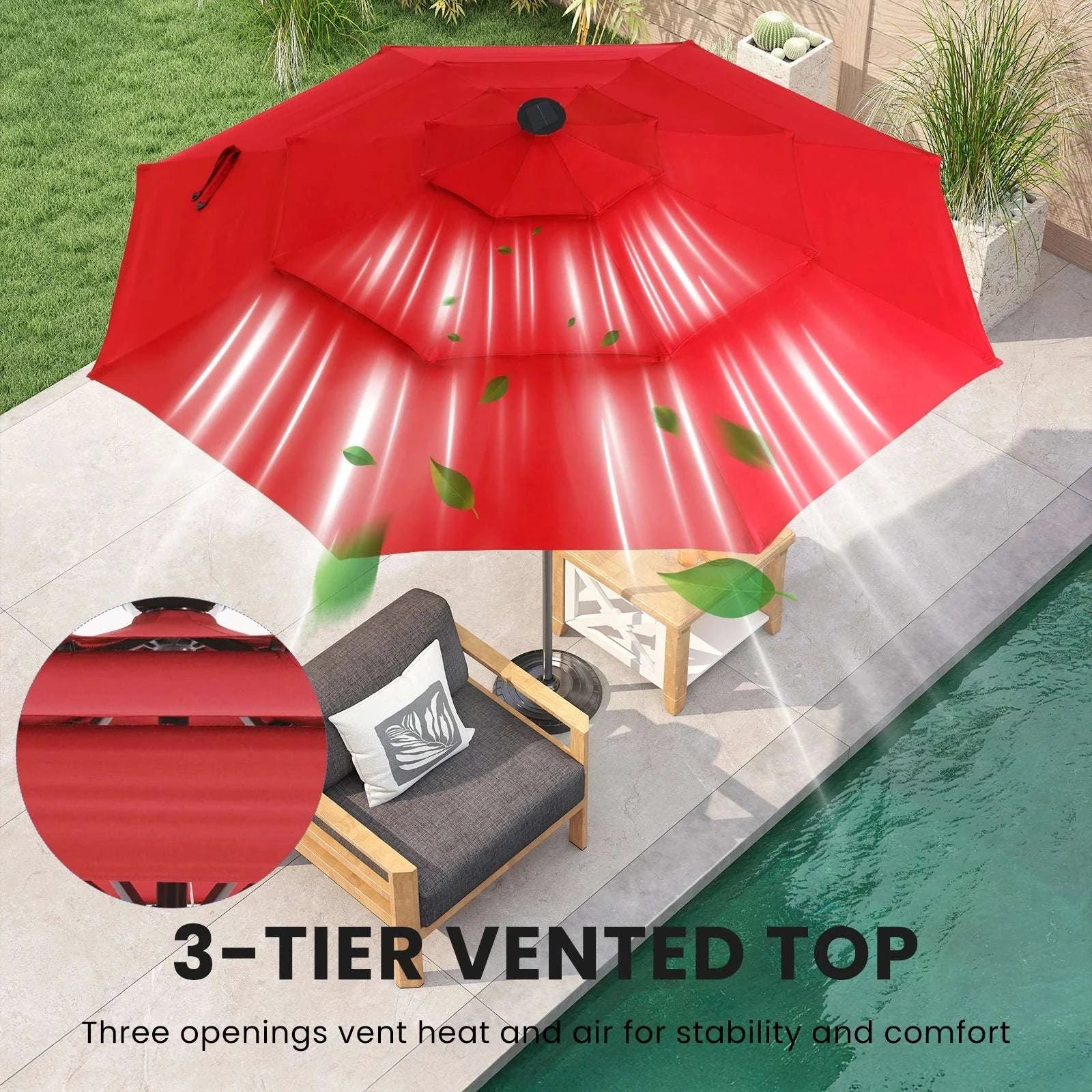 10 FT Solar LED Patio Umbrella with Tilt & Crank Shade-Red / United States