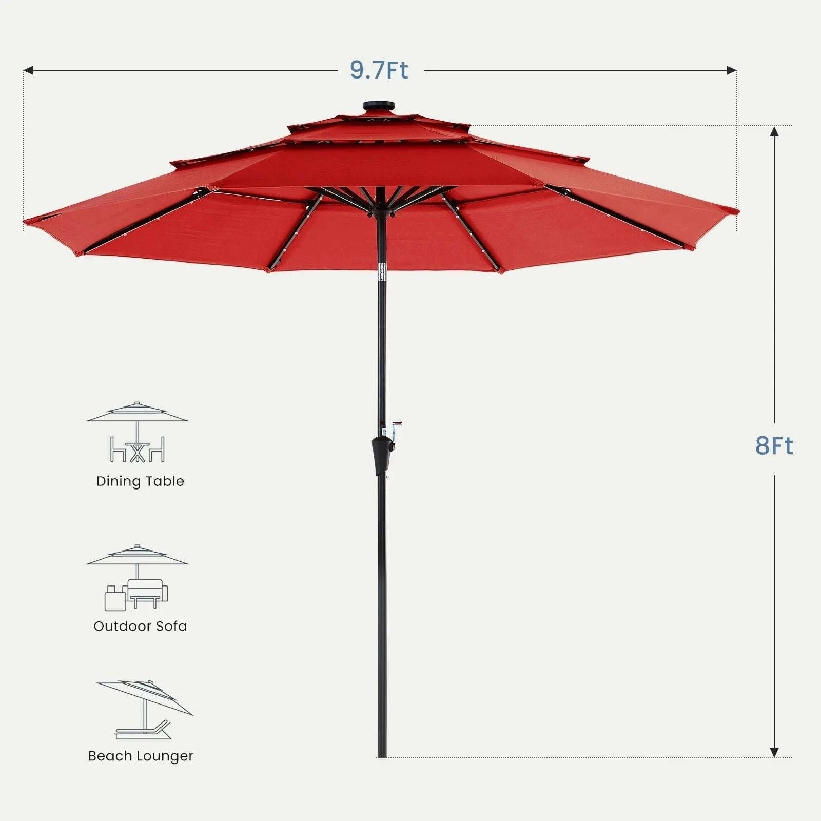 10 FT Solar LED Patio Umbrella with Tilt & Crank Shade-Red / United States