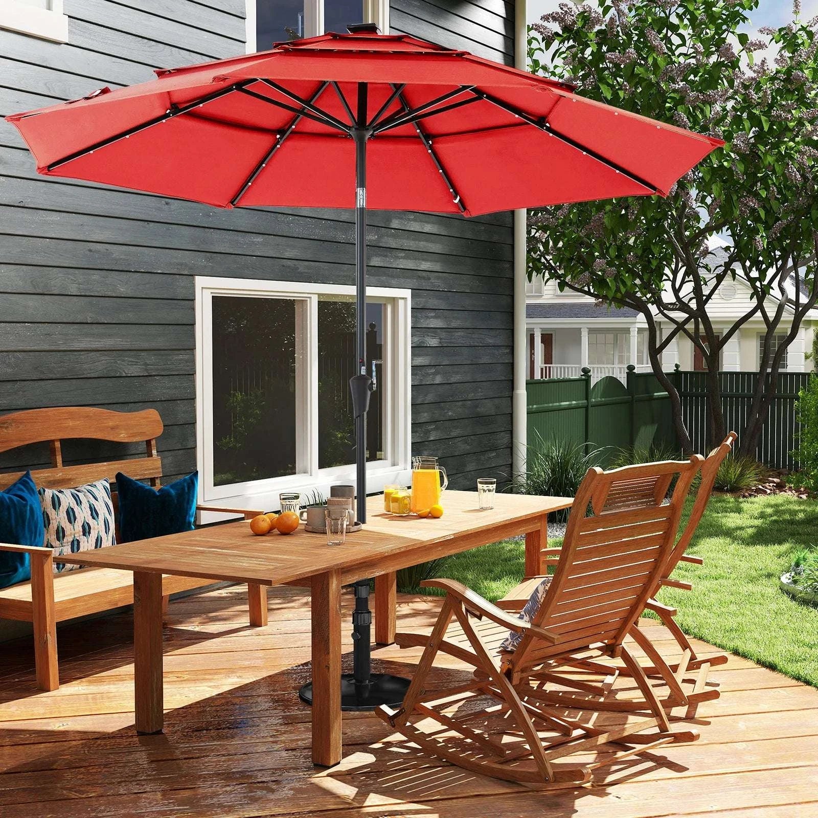 10 FT Solar LED Patio Umbrella with Tilt & Crank Shade-Red / United States