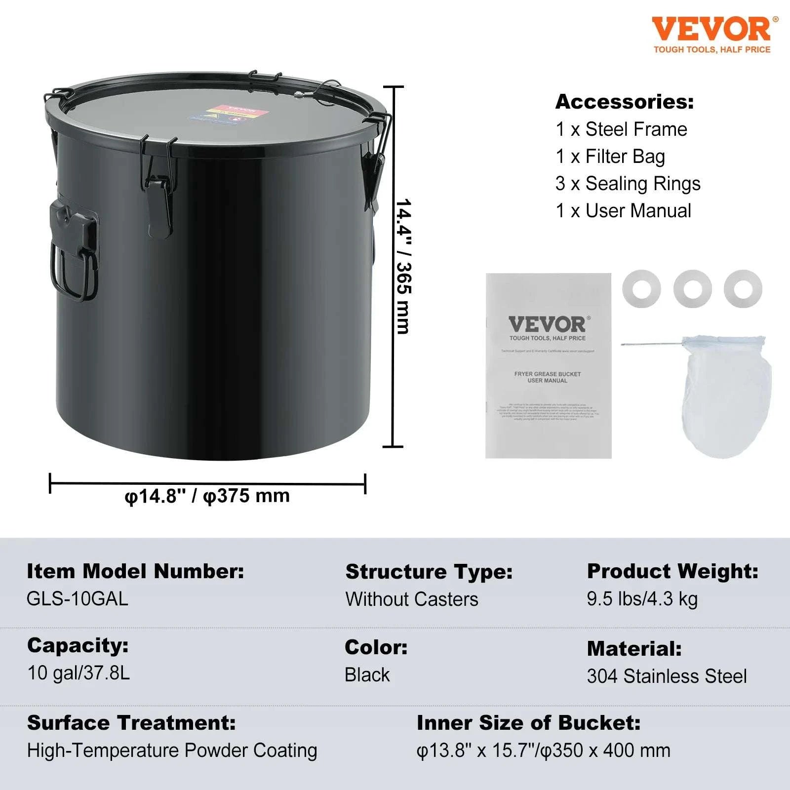 10 Gallon Fryer Grease Bucket with Filter Bag and Locking Lid-carbon steel / United States
