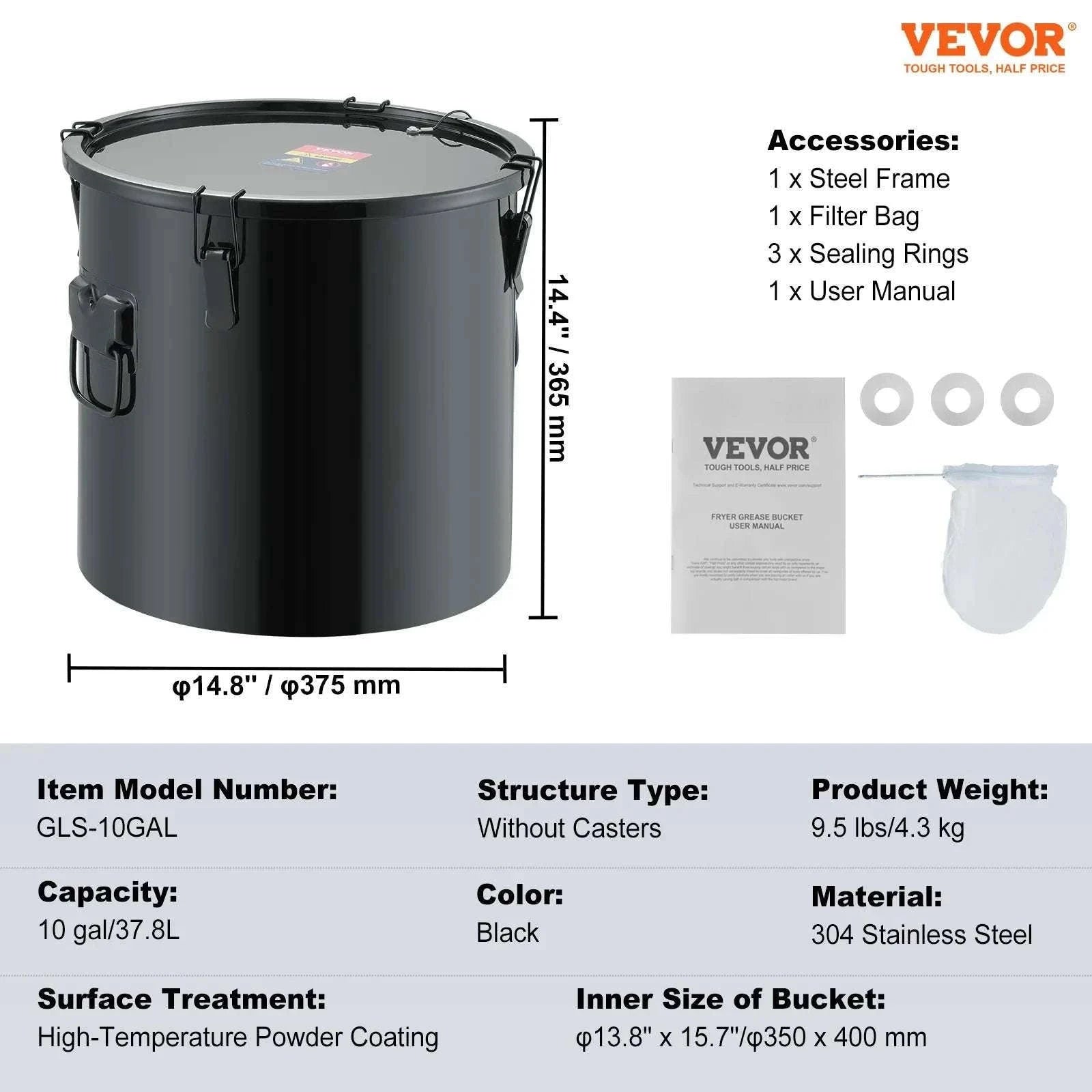 10 Gallon Fryer Grease Bucket with Filter Bag and Locking Lid-carbon steel / United States