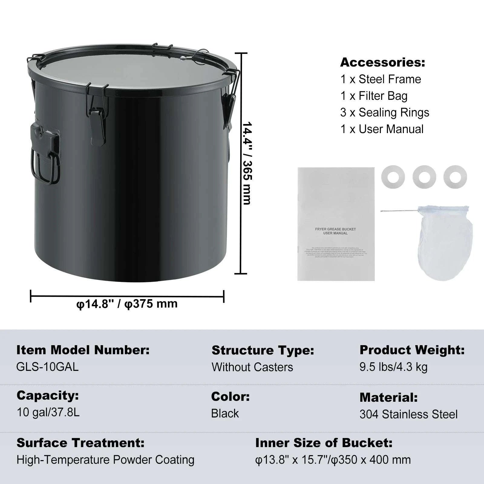 10 Gallon Fryer Grease Bucket with Filter Bag and Locking Lid-carbon steel / United States