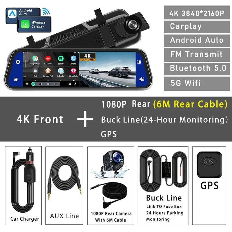 10-Inch 4K Dash Cam DVR with CarPlay & Android Auto-4K-6M 1080P-BL-GPS