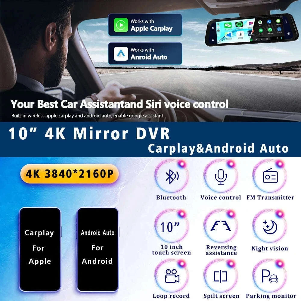 10-Inch 4K Dash Cam DVR with CarPlay & Android Auto-4K-6M 1080P-BL-GPS