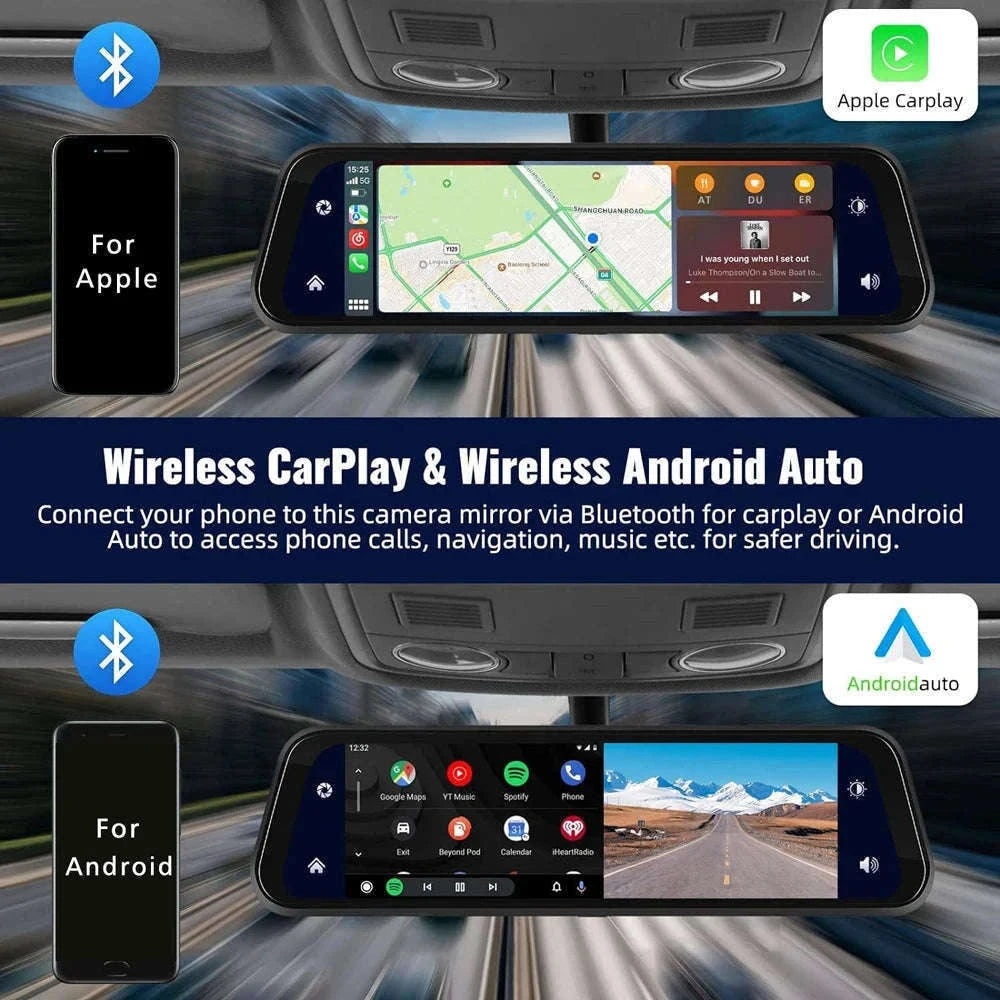 10-Inch 4K Dash Cam DVR with CarPlay & Android Auto-4K-6M 1080P-BL-GPS