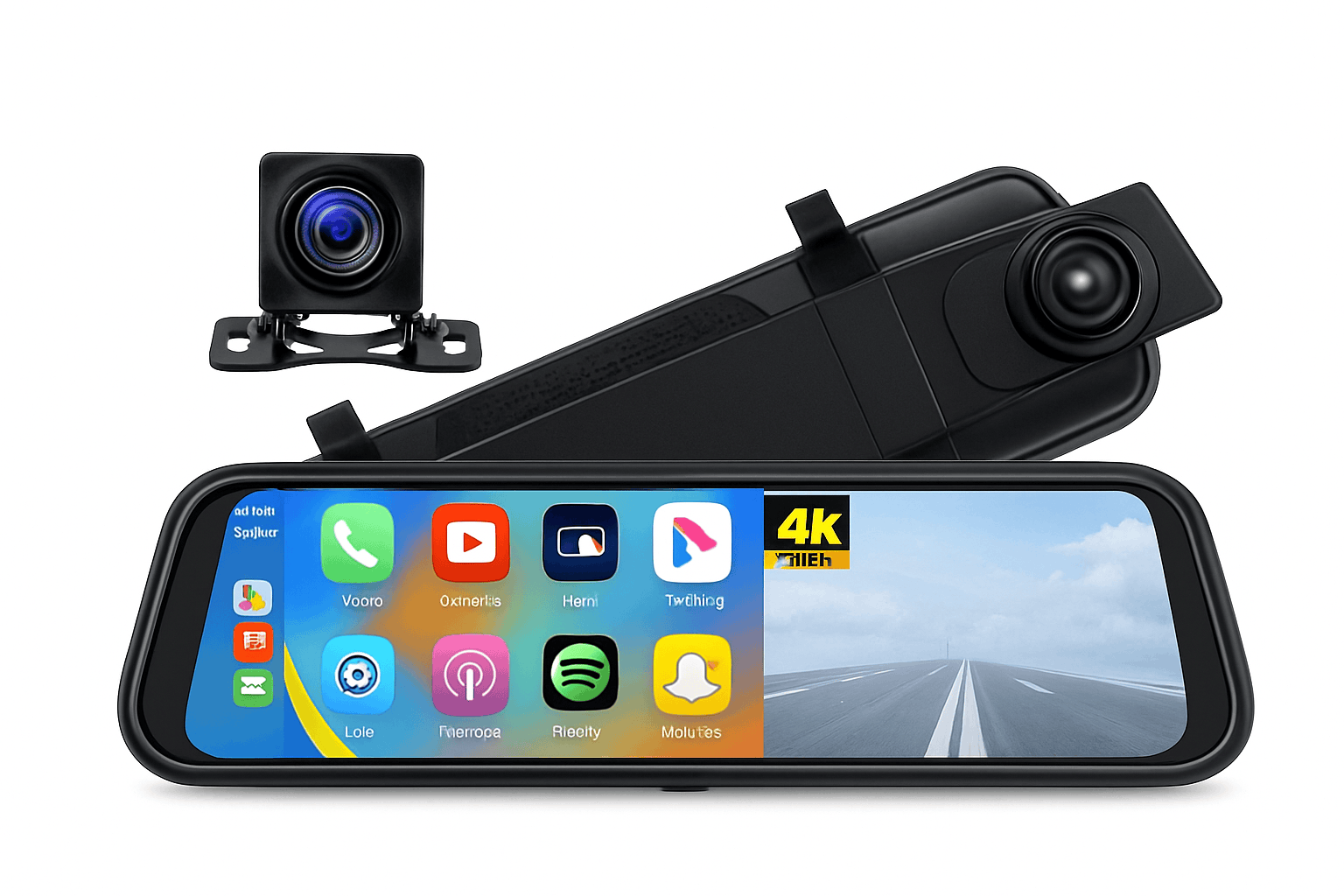 10-Inch 4K Dash Cam DVR with CarPlay & Android Auto-4K-6M 1080P-BL-GPS