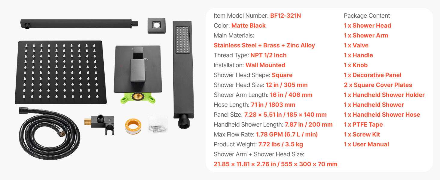 10-Inch Rainfall Shower System with Handheld Spray & Brass Valve-Matte Black 12Inch / United States