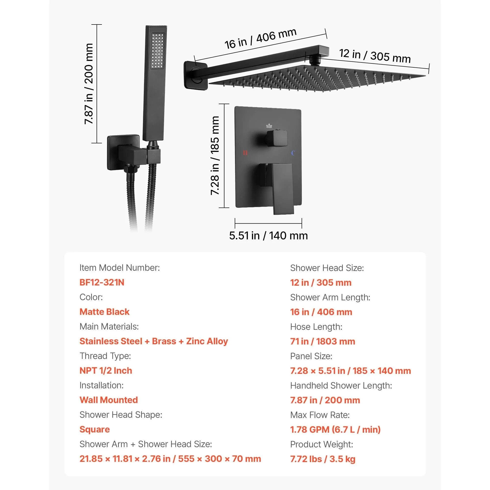 10-Inch Rainfall Shower System with Handheld Spray & Brass Valve-Matte Black 12Inch / United States