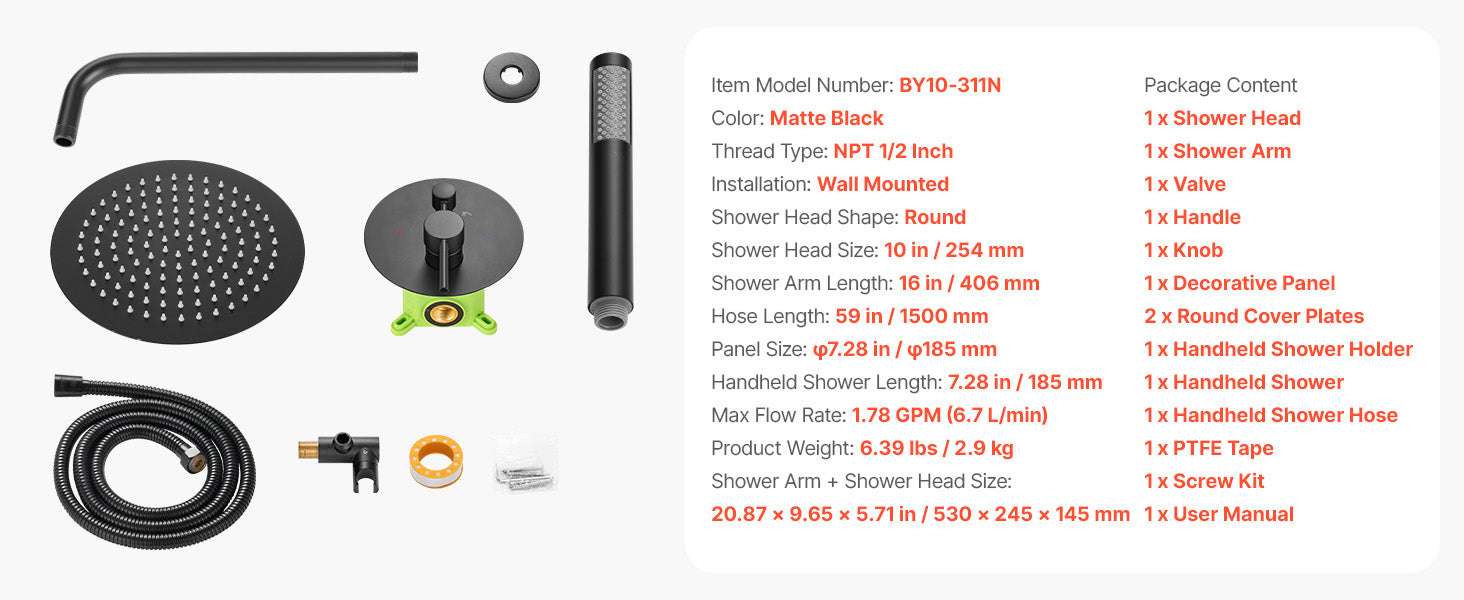 10-Inch Rainfall Shower System with Handheld Spray & Brass Valve-Matte Black 12Inch / United States