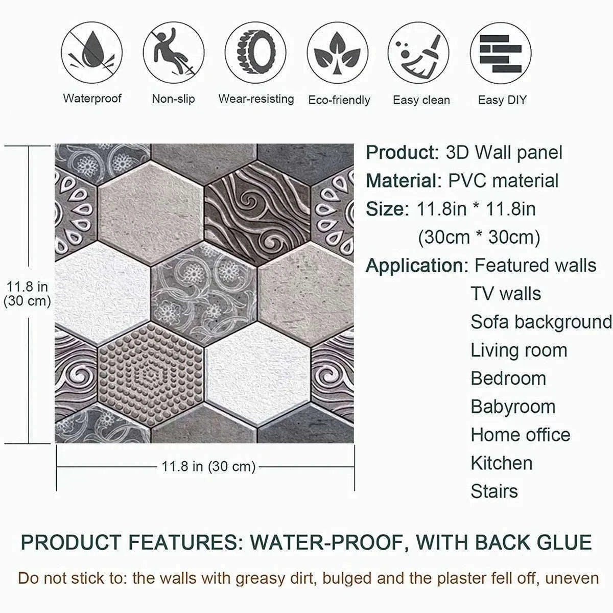10 Pack 3D Self-Adhesive PVC Wall Panels for Easy Room Refresh-Wall Stickers 524 / 30cmX30cmX10pcs