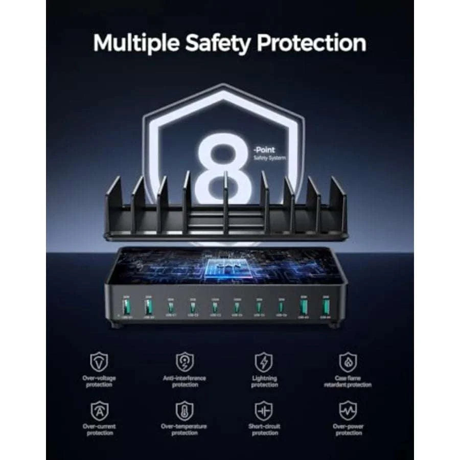 10 Port USB Charging Station with Dual 100W Type-C and Organizer-United States / Black