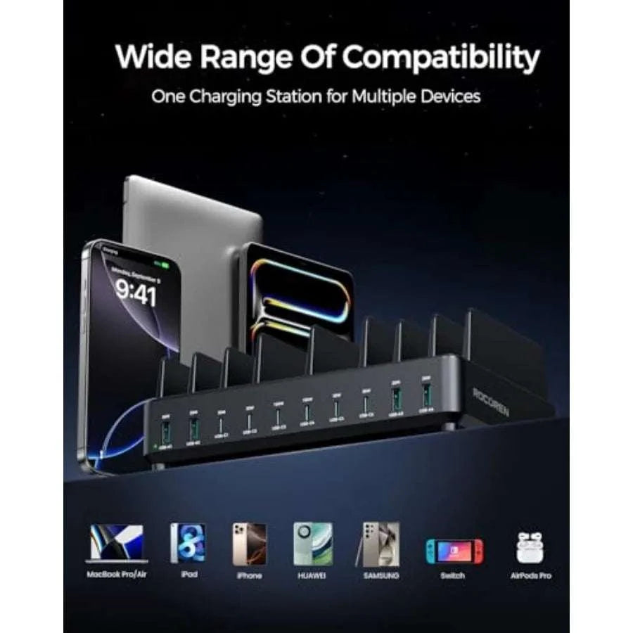 10 Port USB Charging Station with Dual 100W Type-C and Organizer-United States / Black