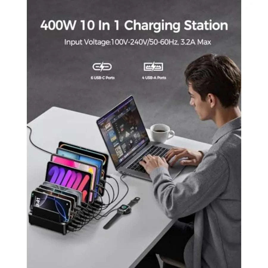10 Port USB Charging Station with Dual 100W Type-C and Organizer-United States / Black