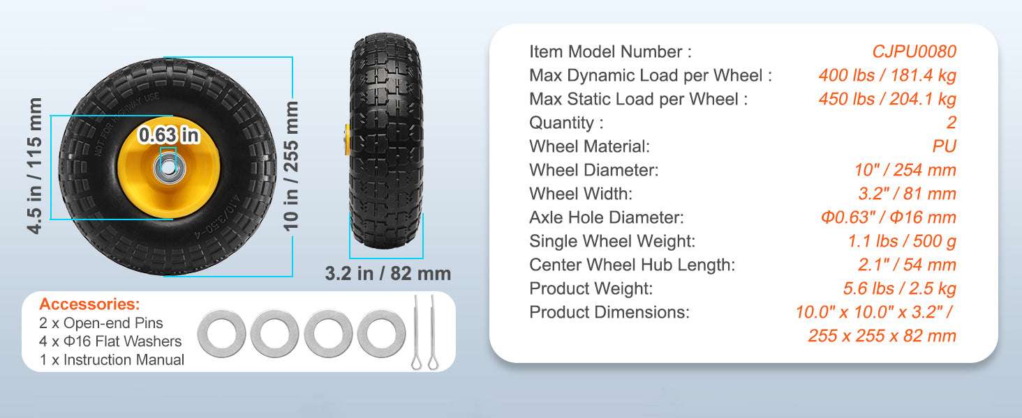 10" Solid PU Run-Flat Tire Wheels (2-Pack) for Carts & Dollies-400 lbs / United States