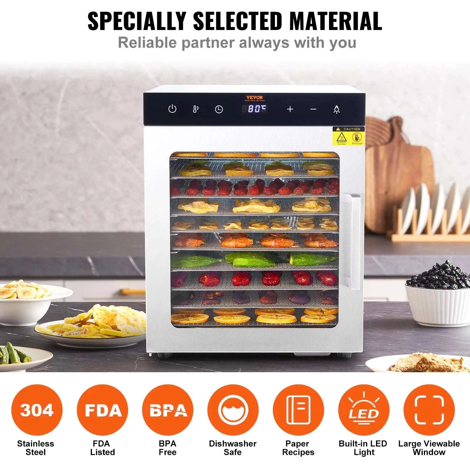 10-Tray Food Dehydrator Stainless Steel with Timer & Temperature Control-10 Trays 1000W / france