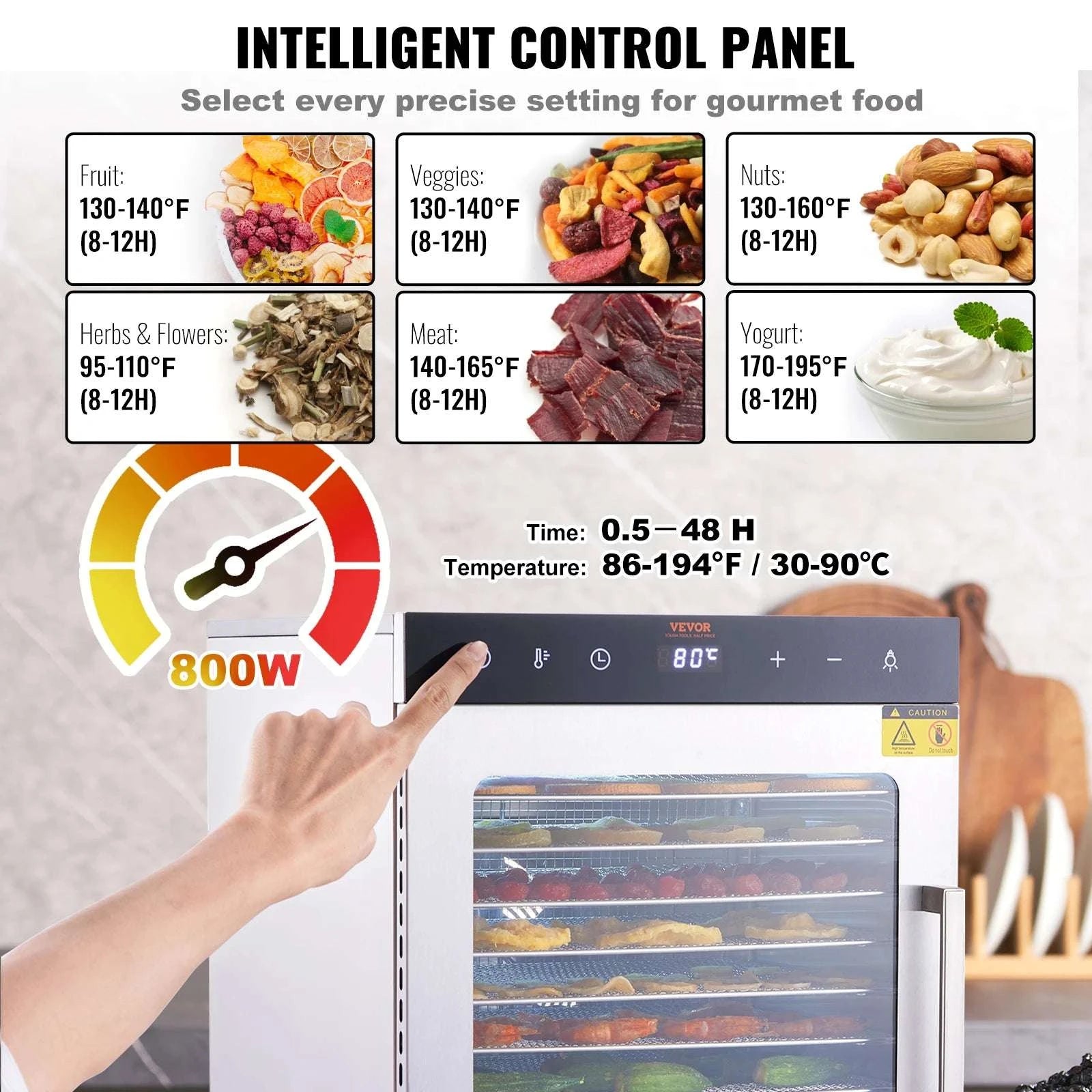 10-Tray Food Dehydrator Stainless Steel with Timer & Temperature Control-10 Trays 1000W / france