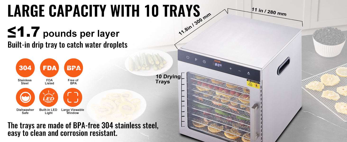 10-Tray Food Dehydrator Stainless Steel with Timer & Temperature Control-10 Trays 1000W / france