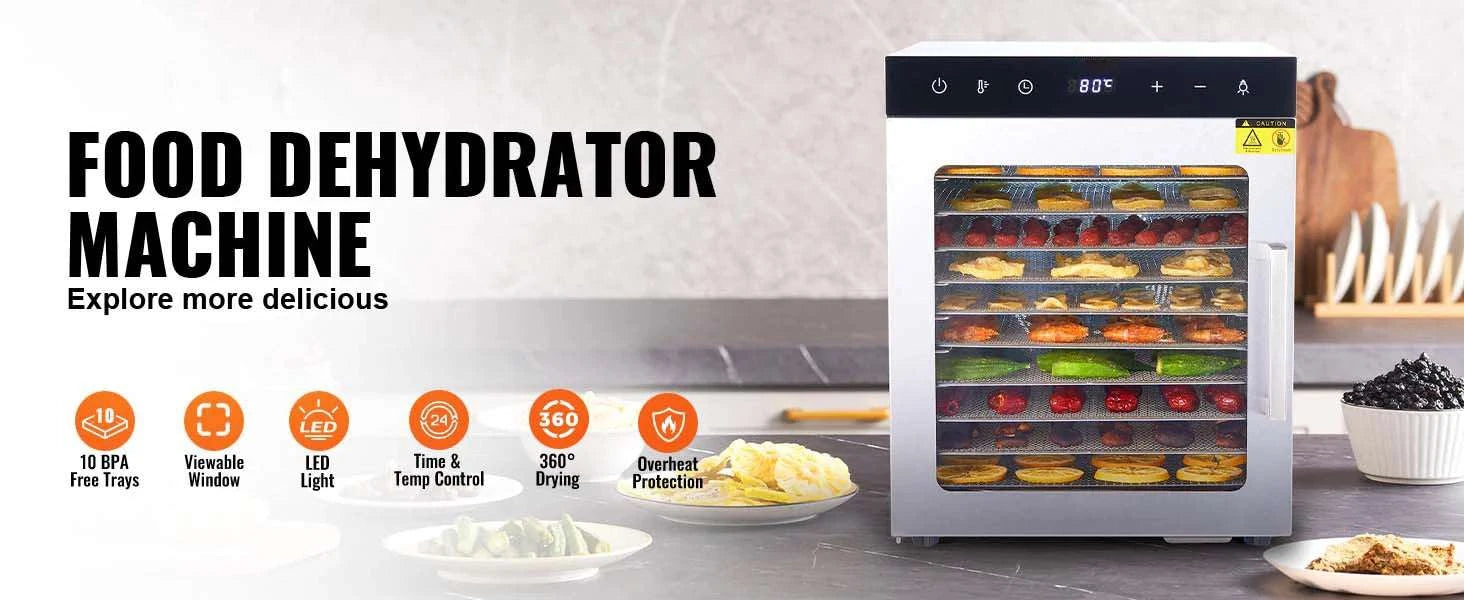 10-Tray Food Dehydrator Stainless Steel with Timer & Temperature Control-10 Trays 1000W / france