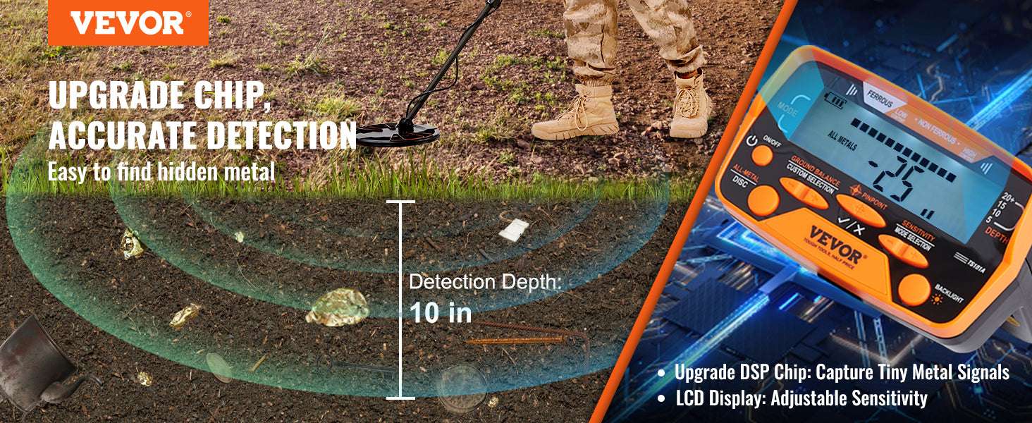 10" Waterproof Metal Detector with LCD, 7 Modes & Adjustable Stem-10 Inch Search Coil / United States