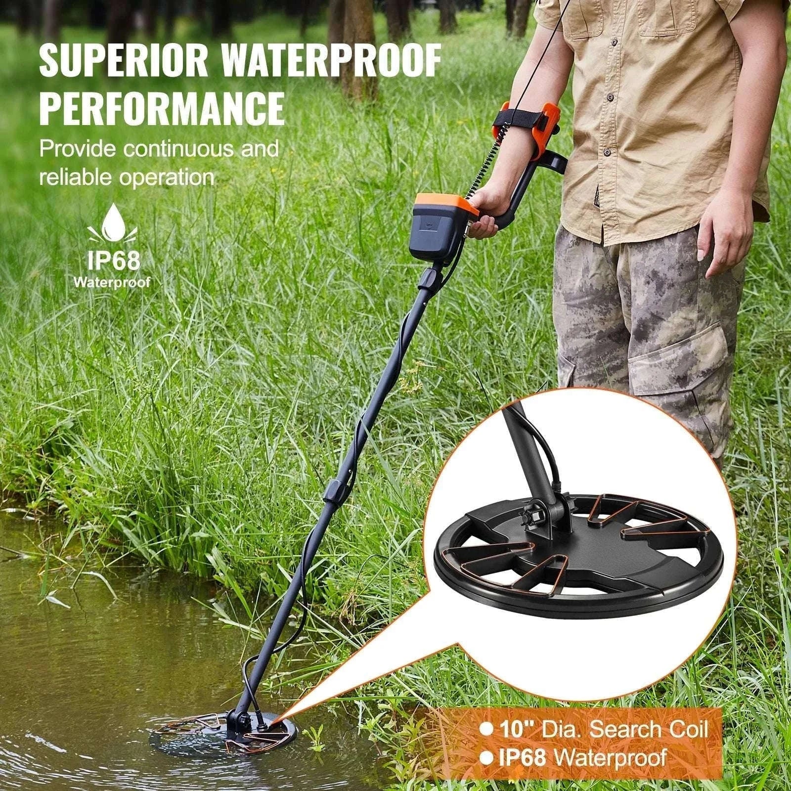 10" Waterproof Metal Detector with LCD, 7 Modes & Adjustable Stem-10 Inch Search Coil / United States
