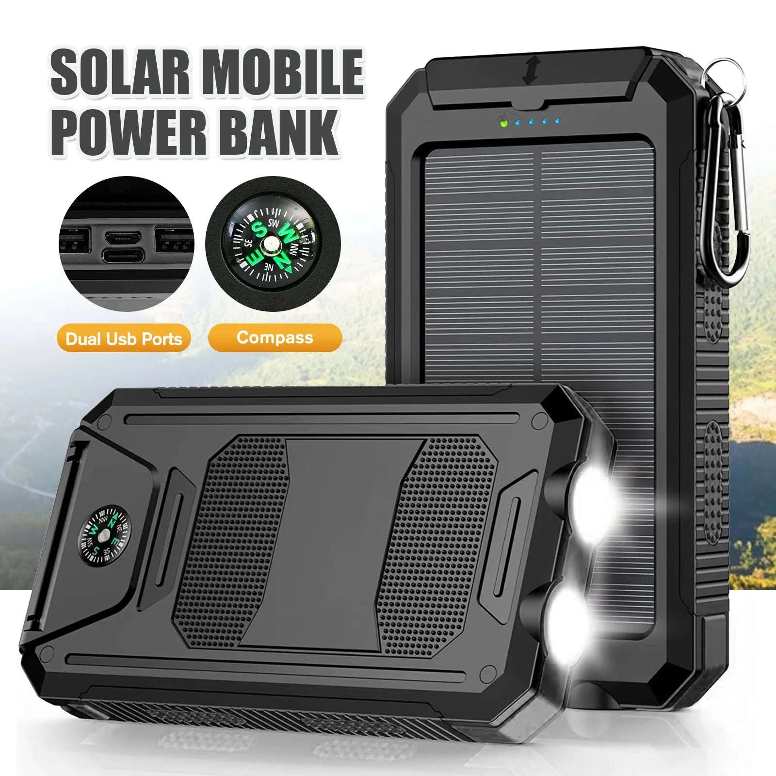10000mAh Solar Power Bank with Dual USB, LED Flashlight & Waterproof Design-Green Color / United States